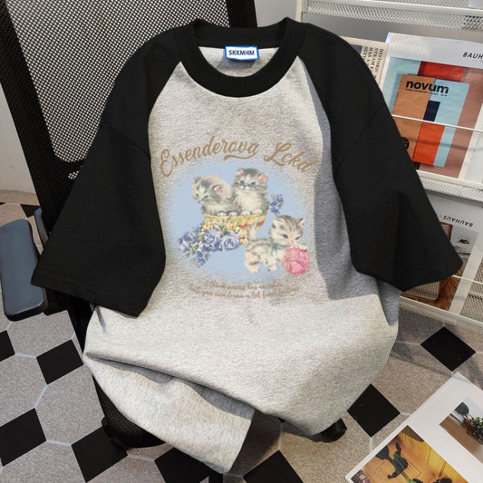 

Женская футболка большого размера из 100% хлопка высокого качества, летняя повседневная футболка с милым мультяшным принтом y2k, футболки с короткими рукавами и цветными блоками, женская уличная одежда L