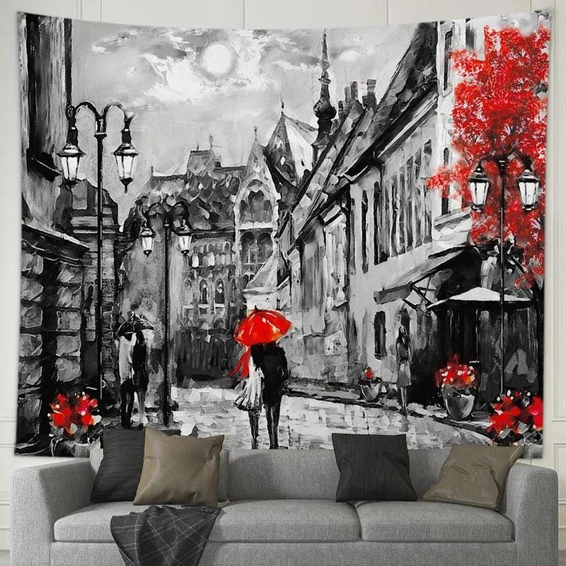 Romantic Couple Lovers Tapestry Eiffel Tower Big Ben Tapestry Wall Hanging Maple Rose Decorated Home Bedroom Living Room Dorm