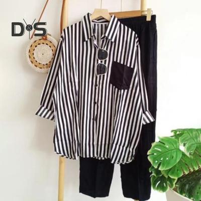 2 Pcs/Set Women Shirt Pants Set Color Matching Striped Printed Chest Pocket Single-breasted Long Sleeves Lapel Blouse Elastic Waist Loose Trousers