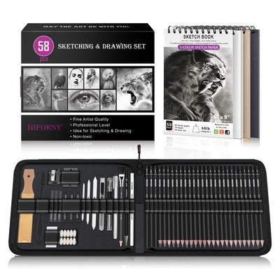 HIFORNY Drawing Sketch Pencil Art Supplies with Blending and Drawing Pencils for Adult Artists 58-Piece Kit, Set, 3-Color Sketchbook, Graphite,