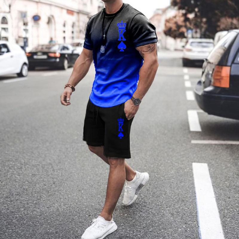 Summer Casual Men's Adult Set 3D Printed Pattern Men's Short-Sleeved T-shirt Set Gradient Cool Casual Sports Shorts two-Piece