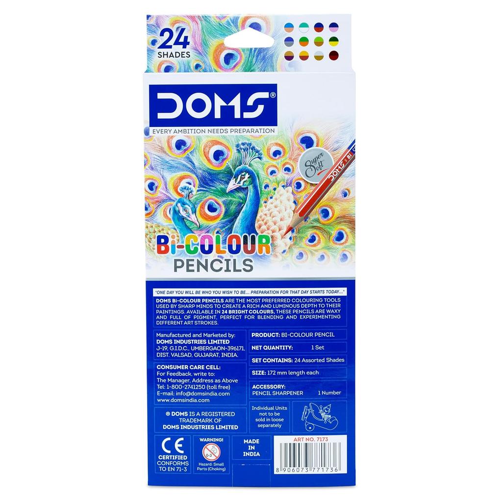 Doms Bi Colours 24 Shades Colour Pencils 12 Nos for Drawing Sketching School Art Bright Smooth Soft Lead Multicolor