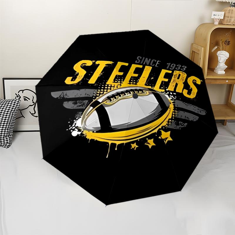 Pittsburgh Steelers Print Automatic Umbrella, 8 Rib Iron Frame, Plastic Handle, Suitable for Outdoor Travel &Daily , Ideal Gift