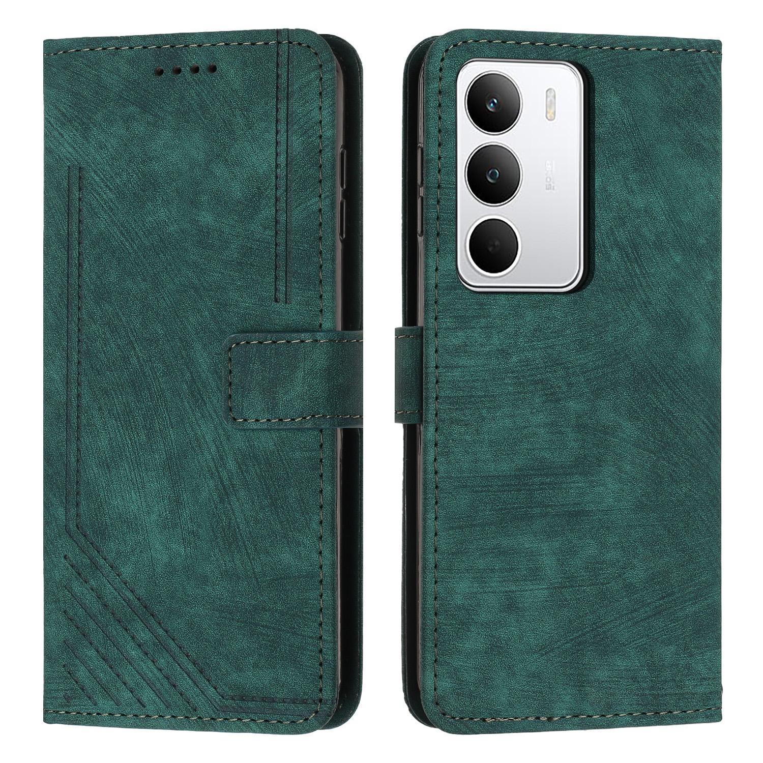 

For Realme C71 4G Stand Case Imprinted Lines Leather Phone Cover Green