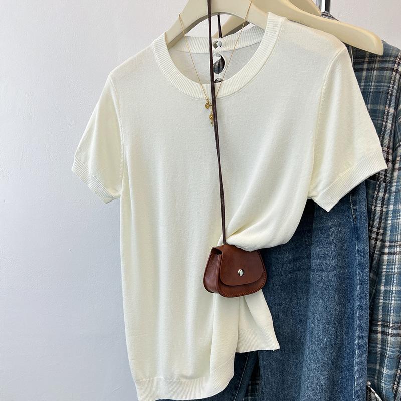 Shoulder milk blue ice silk knitted short-sleeved T-shirt for women, summer new design thin hollow top