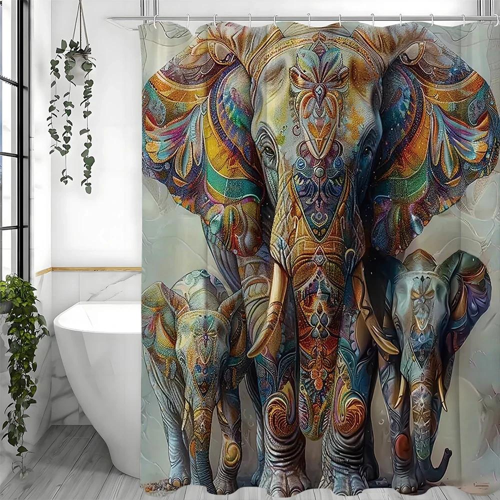 Bohemian Art Wild Elephant Floral Shower Curtain, Bathroom Decorative Shower Curtain, Waterproof Shower Curtain with Hooks