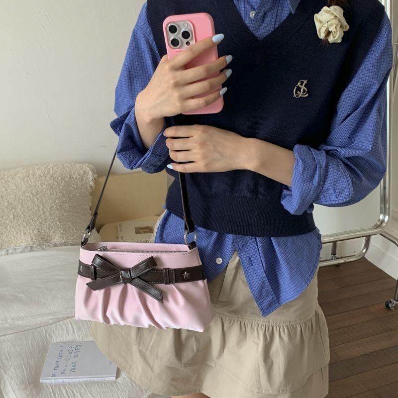 Korean Hot Girl Bow Studded Handbag Women Simple Design Sweet Shoulder Bag Ladies Elegant Fashion Underarm Purse Y2k Aesthetic