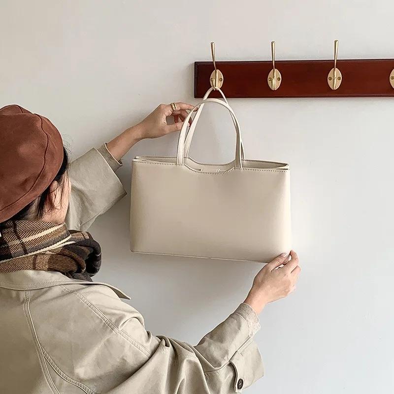 Korean Ins Style Large PU Tote Bag for Women, Minimalist Pure Color Handbags, Spacious Commuter Shoulder Bags with Zipper Pocket