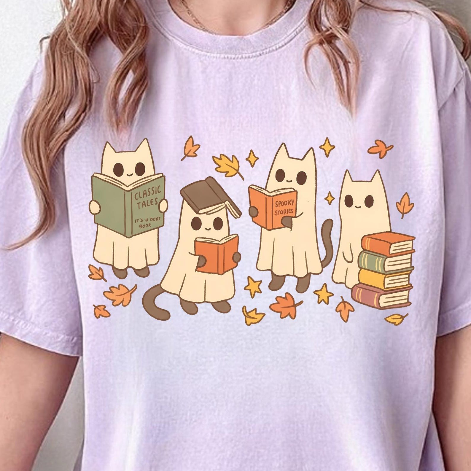 Acotar Ghost Black Cat Tee, Halloween Ghost Librarian Shirt, Ghosts Cat Reading Books Tee, Ghost Halloween Gift, Cute Ghost Book Nerd Tee M