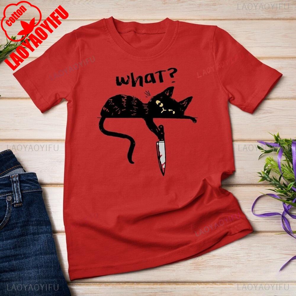 Black Cat with Knife Killer Funny Unisex T-shirt Creative Pattern Print Design T Shirt Men Women Casual Summer Short Sleeve