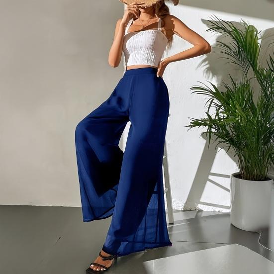 Women Pants Elastic High Waist Wide Leg Loose Fit Casual Trousers Summer Chiffon Long