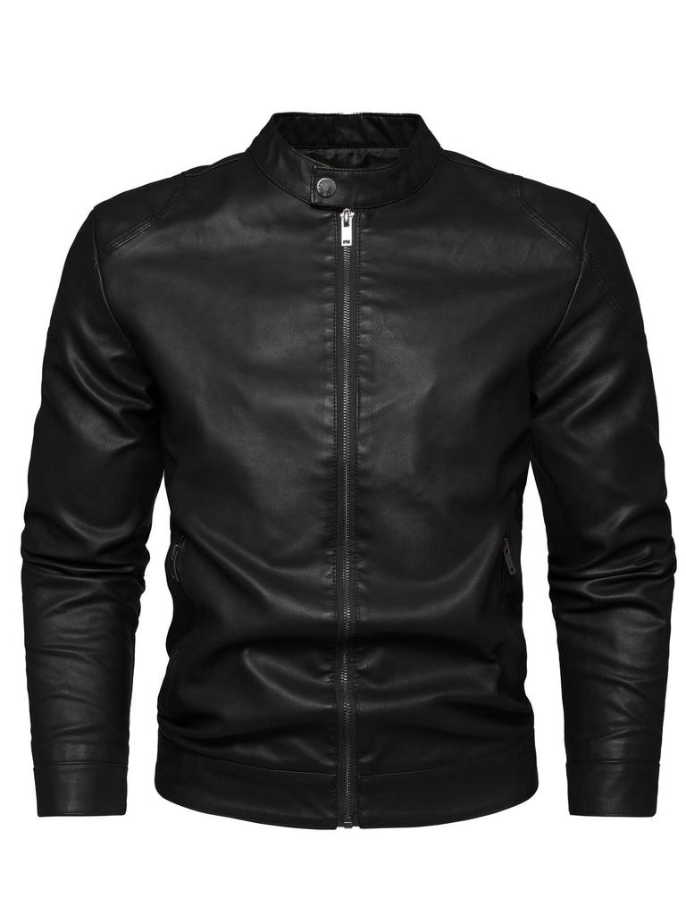 Men's PU Leather Motorcycle Jacket, Casual Retro Stand Collar Outerwear
