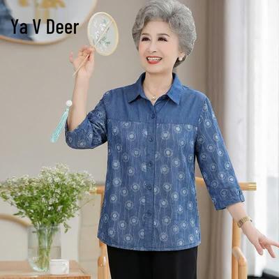 Mid-Aged Women's Pure Cotton Denim 3/4 Sleeve Shirt