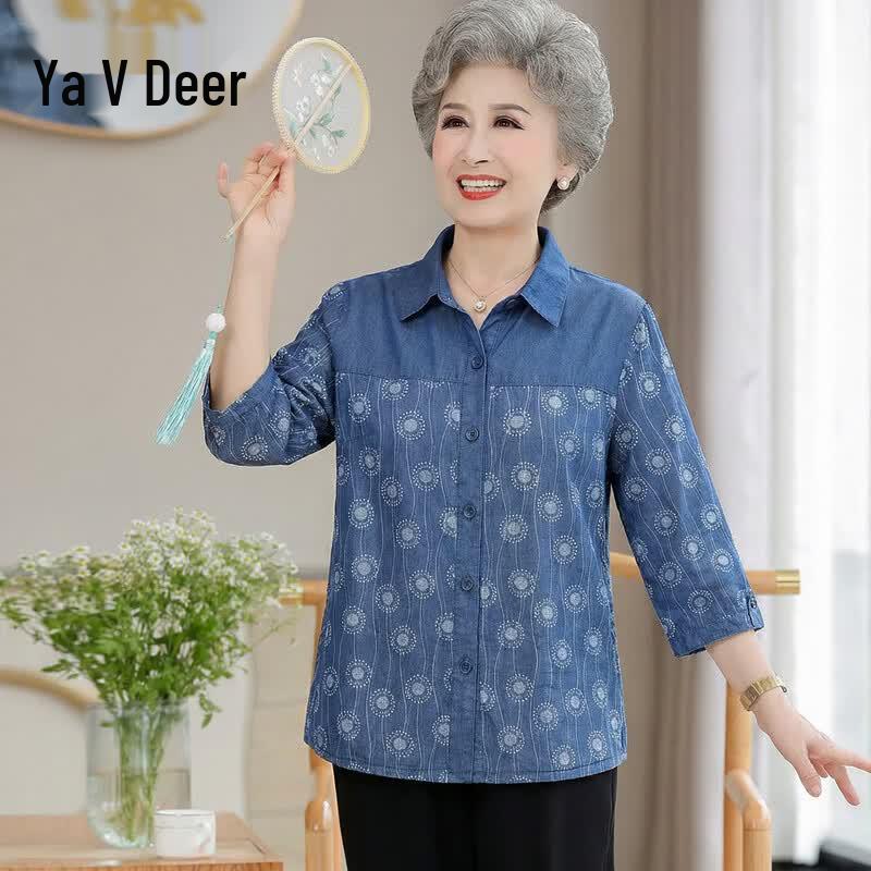 Mid-Aged Women s Pure Cotton Denim 3/4 Sleeve Shirt 4XL