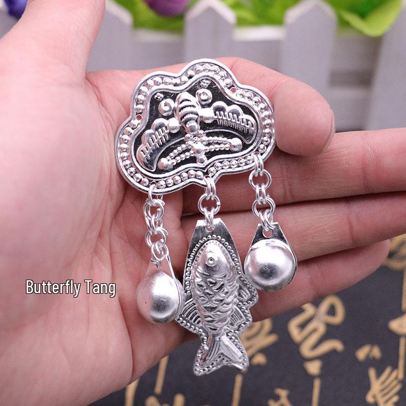 Miao Ethnic Silver Pendants & Handmade Hanfu Hairpin Accessories with Sesame Bells