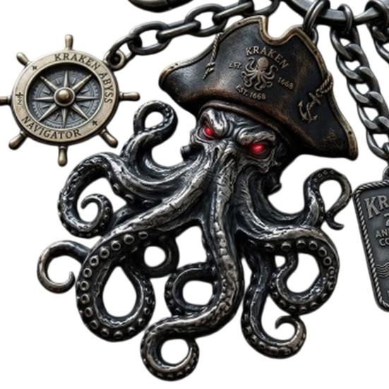 Pendentif Porte-clés avec Boussole Fermoir mousqueton Style Pirate Pendentif en métal Texture Oxydation Vieillie Design Œil Rouge Forme de Poulpe Porte-clés