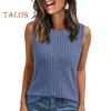 Women Tops Round Neck Sleeveless Slim Fit Knitted Tops Solid Color Elastic Ribbed Tank Tops Daily Wear