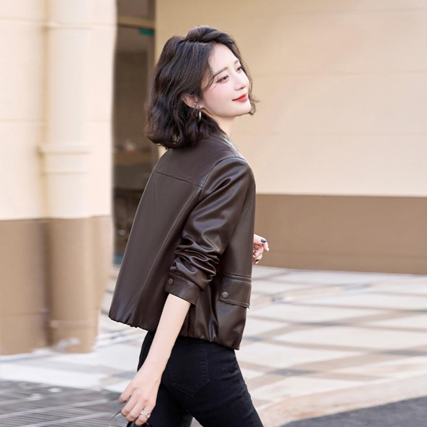 Four-season green retro versatile leather jacket women's short jacket spring and autumn new locomotive clothing tide