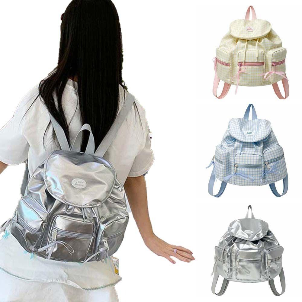 Sweet Women Daily School Bag Large Capacity Silver PU Daypack Korean Drawstring Backpack  Outdoor