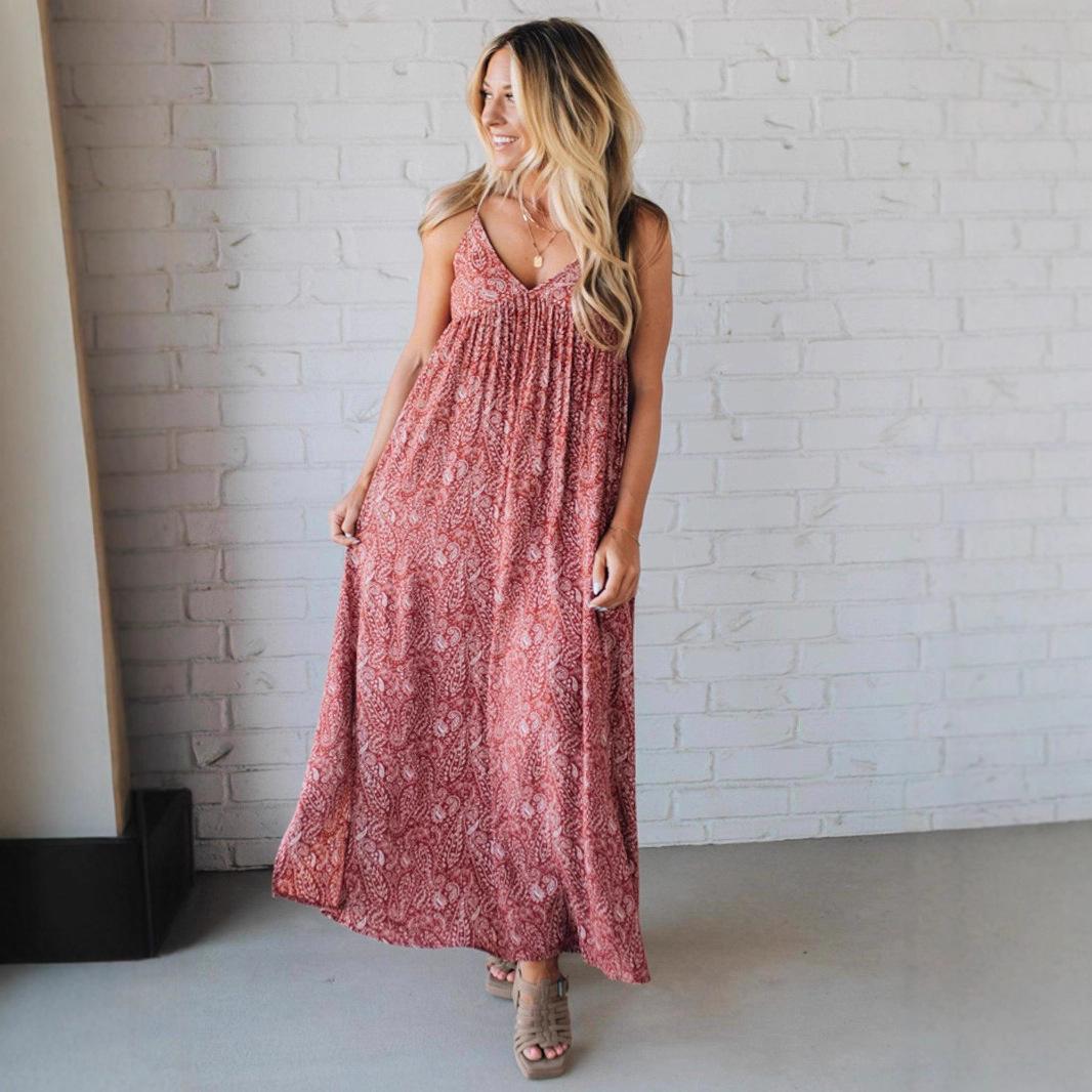 

Красное платье макси с V-образным вырезом и цветочным принтом на тонких бретелях, летнее платье до щиколотки для женщин XXXL