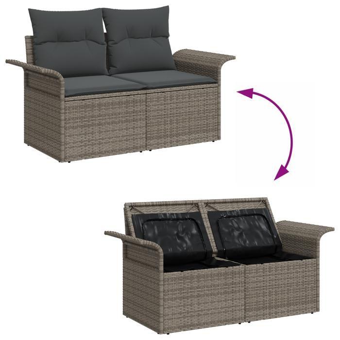 Set de canapé de jardin 11 pièces avec coussins gris poly rattan, Canapé de jardin 2 places avec rangement et coussins gris 3357092