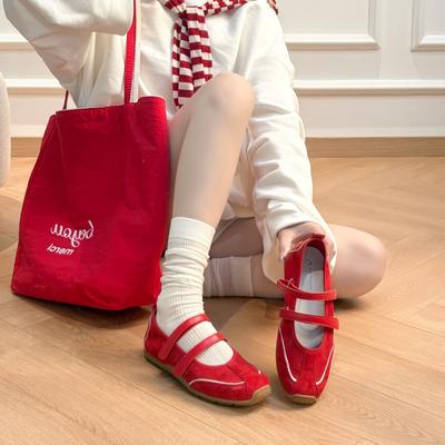 Leather Red Mesh Light Mouth Double Belt Ballet Shoes Women's Retro Inner Height Increase Versatile Fashion Mary Jane Shoes Children