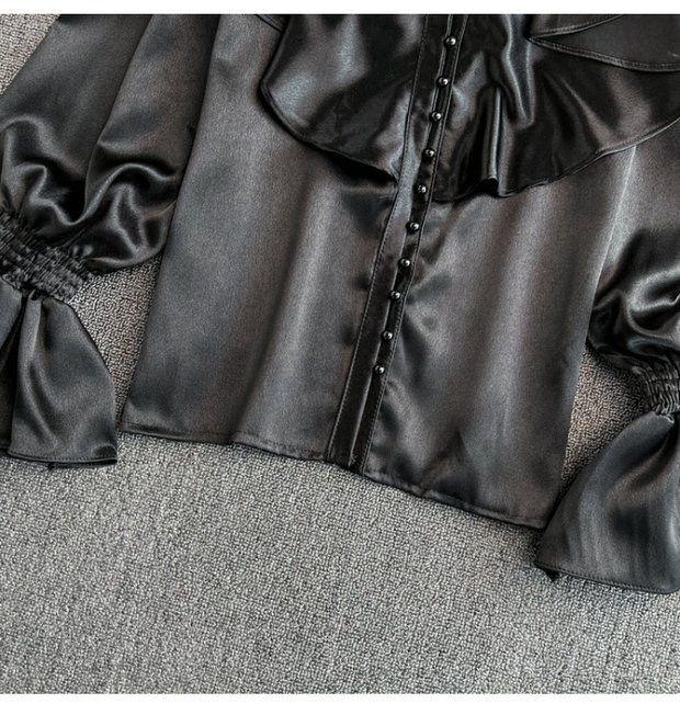 Vintage Solid Blouses Women Elegant Acetate Satin Stand Collar Flare Sleeve Design New Chic Sweet Loose Ruffles Female  Tops