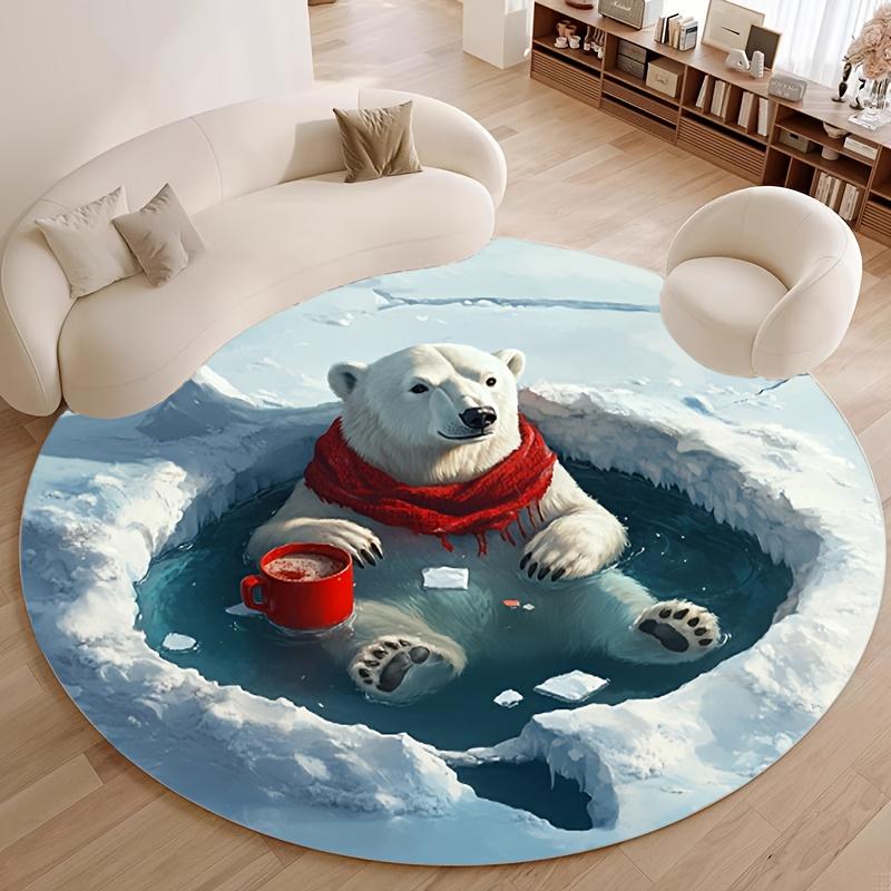 Polar Bear Ice Round Rug Flannel Printed Carpet Winter Theme Home Decor Cozy Soft Floor Mat Living Room Indoor Use