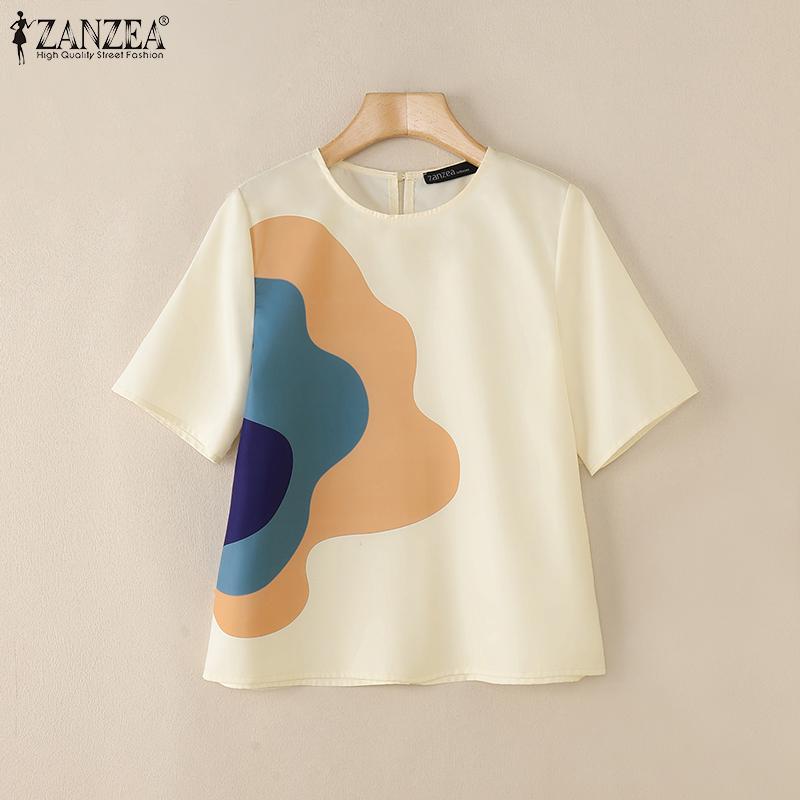 ZANZEA Women Summer Round Neck Short Sleeve Colorblock Blouses
