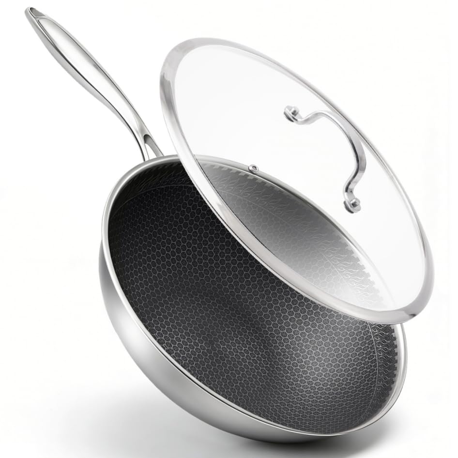 VIVIDCOOKWARE Stainless Steel Wok, 30cm, Chinese Wok, IH and Gas Stove Compatible, High-Temperature Cooking, with Glass Lid, Dishwasher Safe