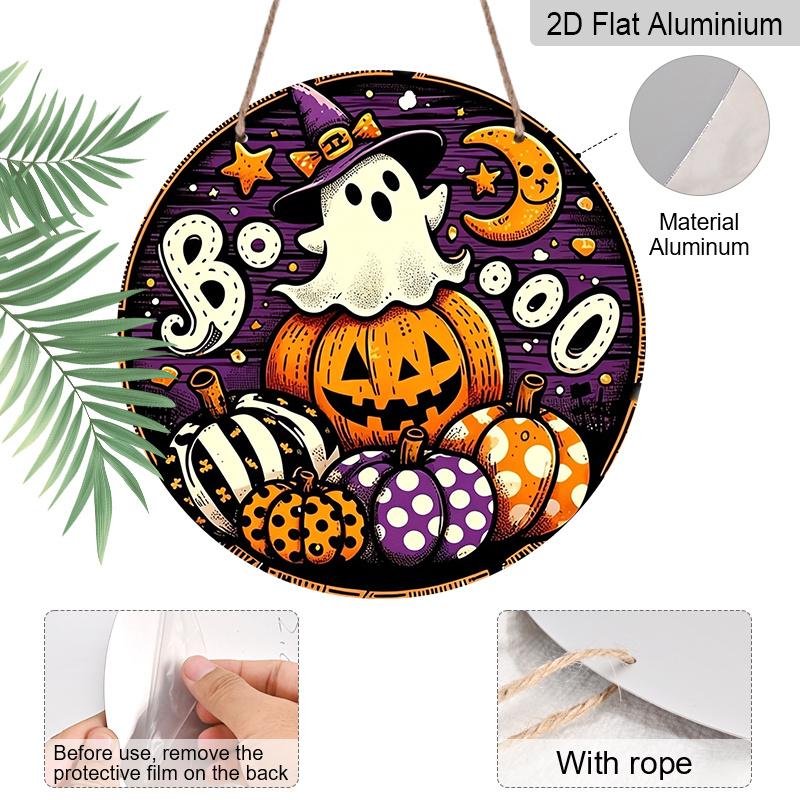 2D Flat, 1pc Round Waterproof Aluminum Halloween Boo Ghost Metal Sign, Cute Witch Hat Ghost Pumpkin Moon Plaque, Wreath Center Ornament, Front Door