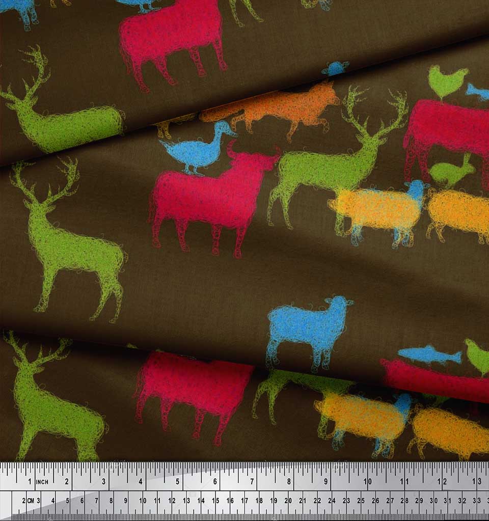 Soimoi Japan Crepe Satin Fabric Birds & Animals Hand Drawn Print Fabric by Metre 42 Inch