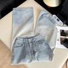Korean Style Rhinestone Inlaid Gradient Washed High Waist Denim Pants - Women's Straight & Wide Leg Options.