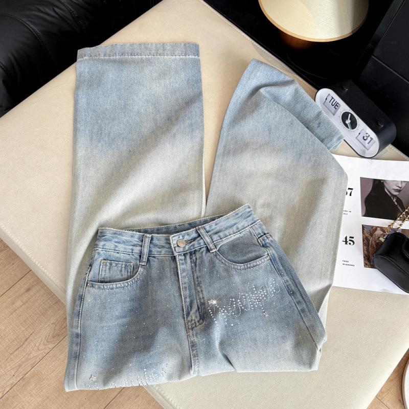 Korean Style Rhinestone Inlaid Gradient Washed High Waist Denim Pants - Women's Straight & Wide Leg Options.
