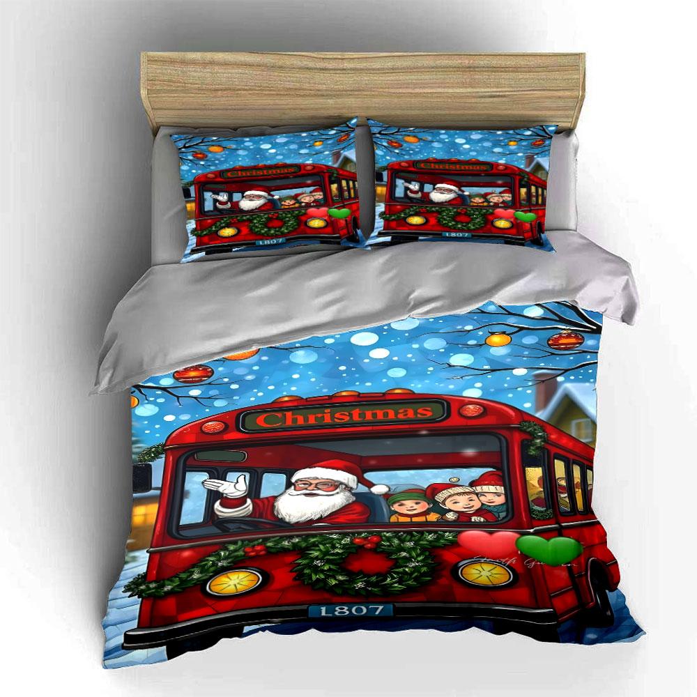 Santa Christmas Bus Ride Bedding Duvet Cover Set Duvet Cover Pillowcases (1*Duvet Cover 2*Pillowcases, Without Duvet Insert)