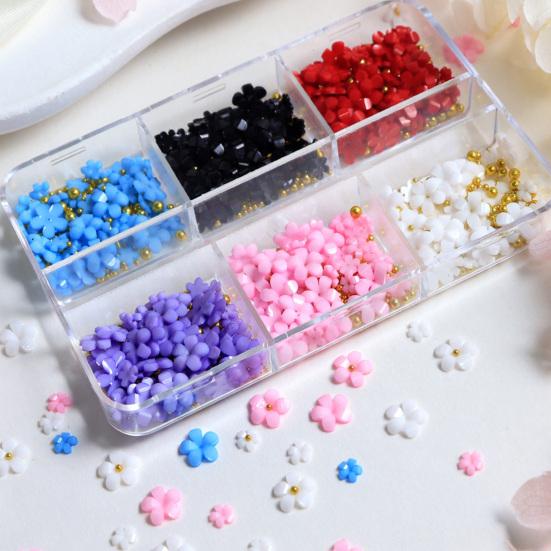 1 Box 3D Flower Nail Art Charm 6 Grids Resin Floral Charms Golden Beads DIY Nail Design Jewelry Crafts Manicure Decoration Accessories