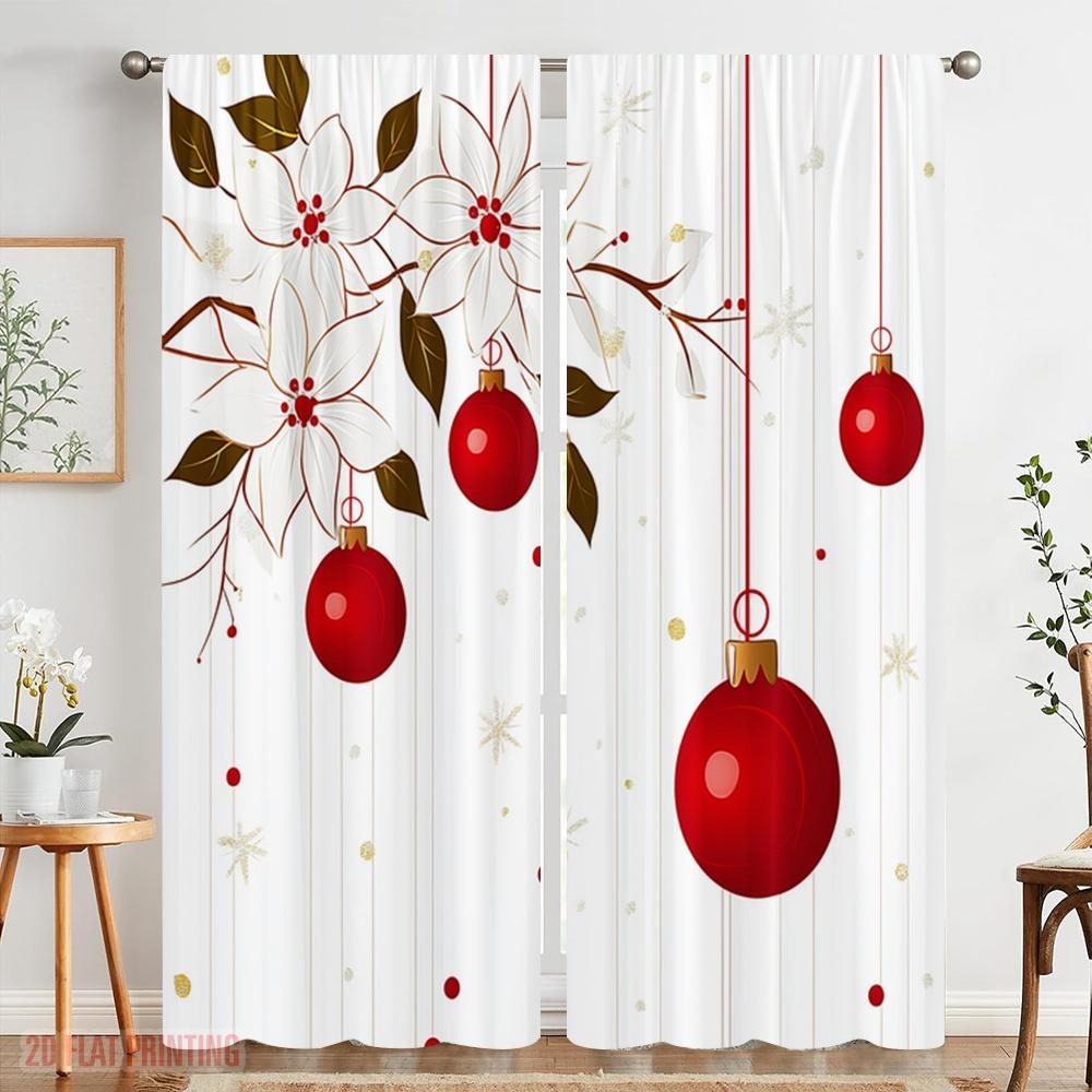2pcs,2D plane printing Contemporary Curtains Christmas Ornament White Flower Branch (2) Polyester Easy Install (without rod)