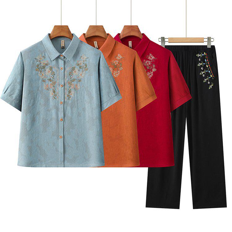 Grandma's Casual Summer Two-Piece: Short-Sleeved Shirt & Set for Women 60 and Up