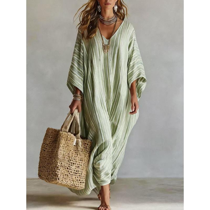 Summer women's top, long skirt, European and American style V-neck five-quarter sleeve simple and versatile dress