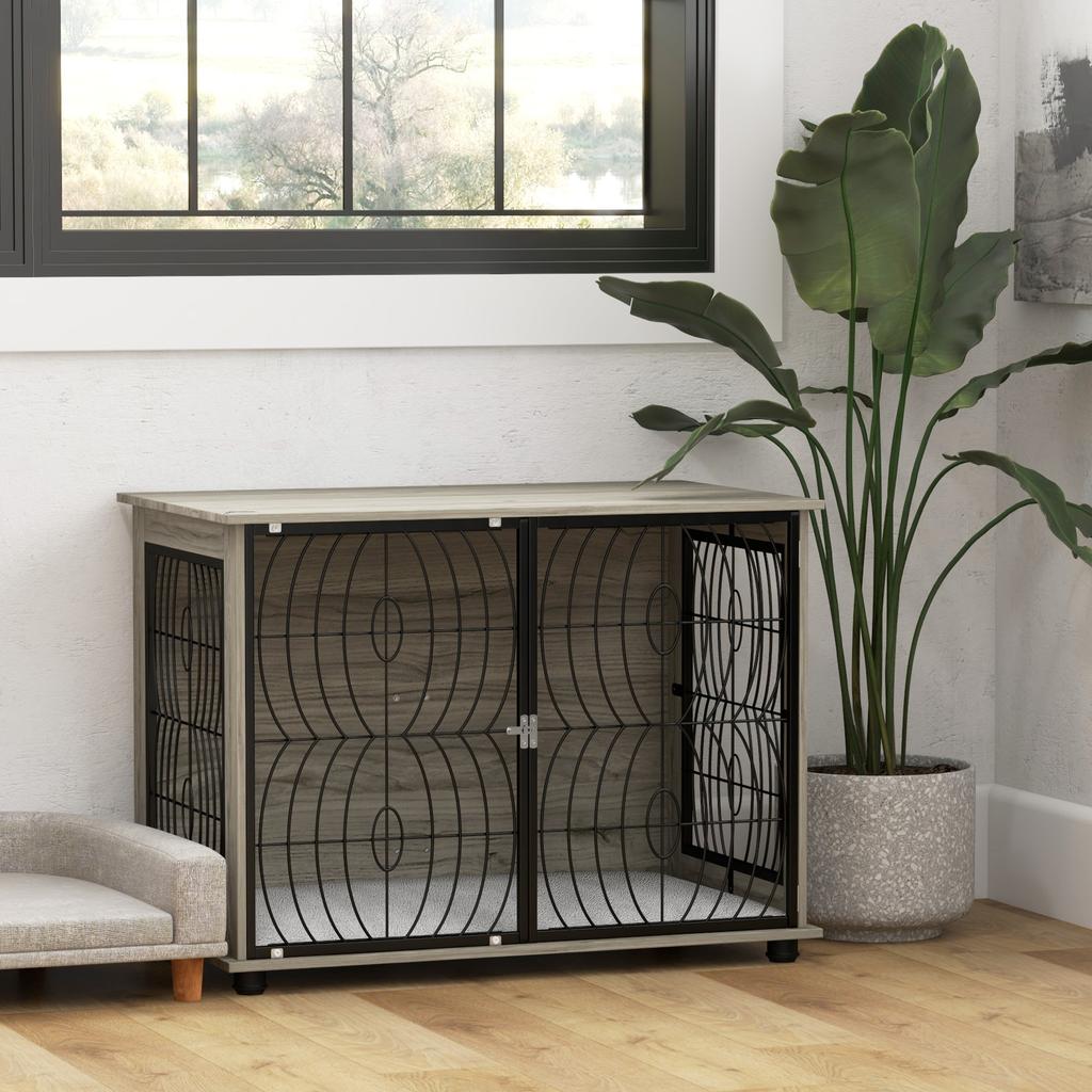 Dog Crate Furniture End Table w/ Plush Washable Cushion, Lockable Door, for Large Dogs