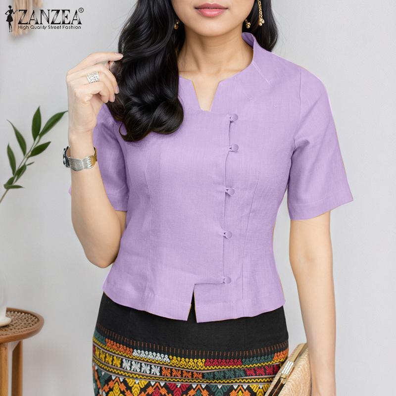 ZANZEA Women Summer V-Neck Solid Color Casual Short Sleeve Blouse