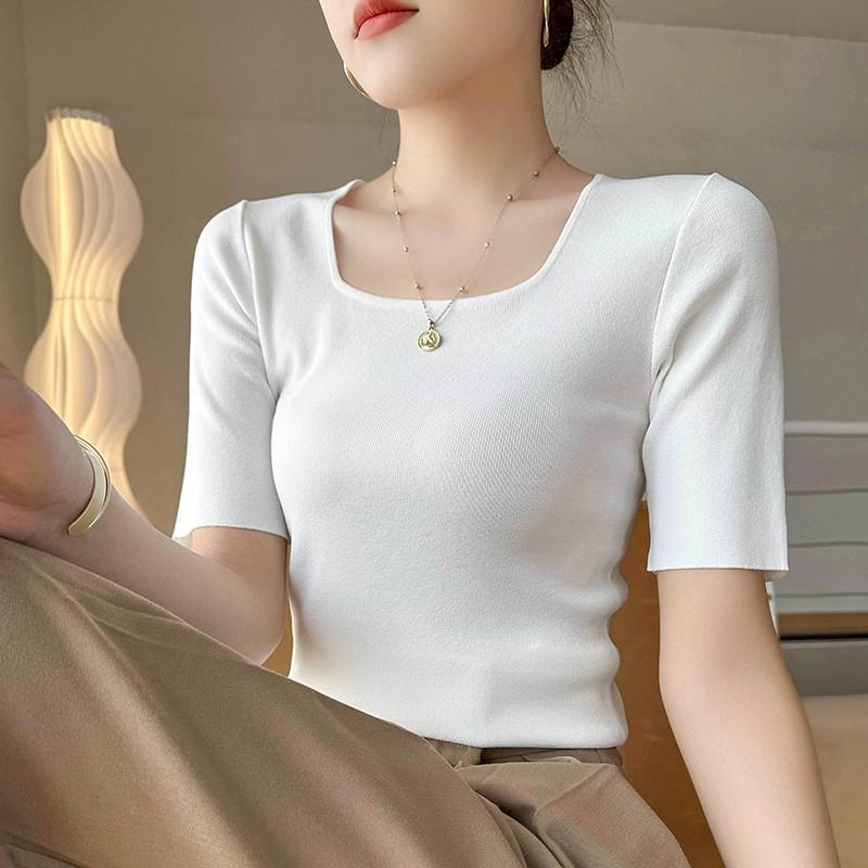 

Женский облегающий трикотажный топ во французском стиле - Тонкая однотонная футболка с U-образным вырезом и короткими рукавами Extra Large