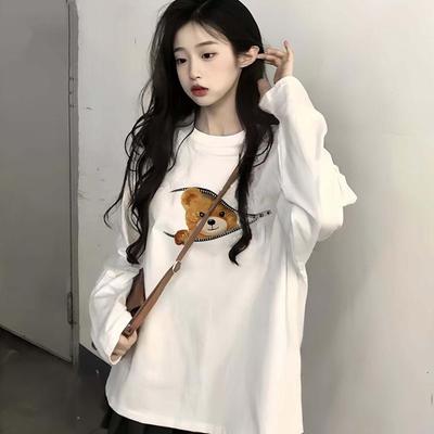 Women's Versatile Cotton Long Sleeve Crew Neck Printed Top - Loose Fit for Spring and Autumn 2025