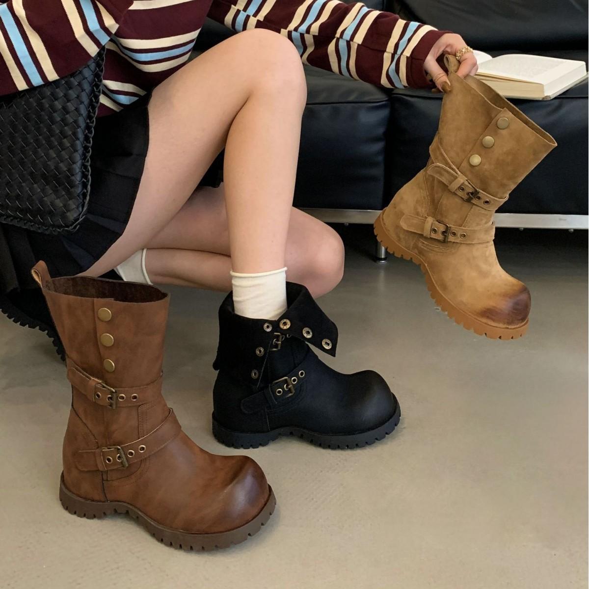 

2025 new retro western boots fashion casual knight short boots platform big head martin boots women 40 темно-коричневого