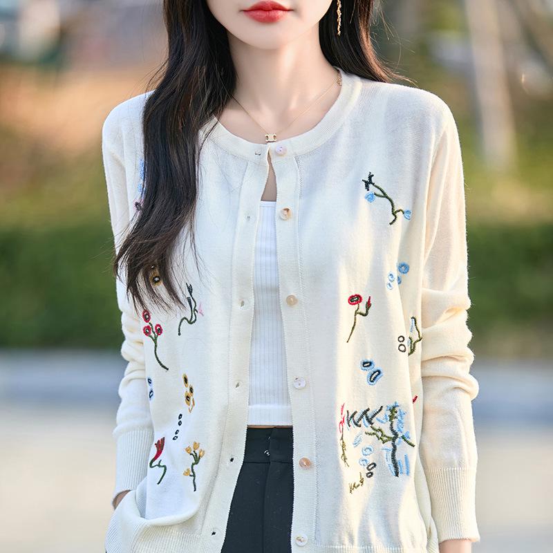 Autumn 2025 Fine Knit Round Neck Embroidered Loose Cardigan Wool Outerwear