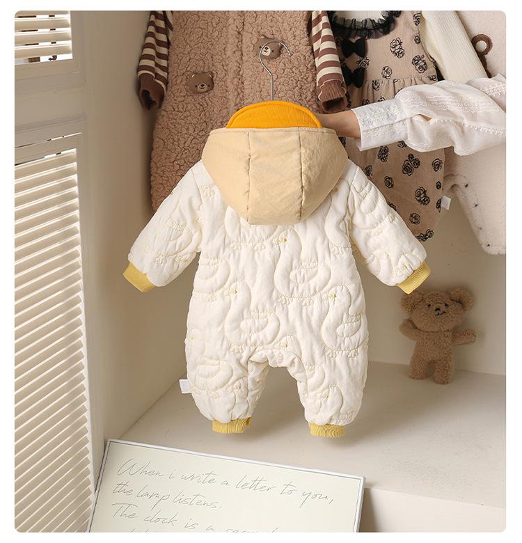 Cozy Fleece-Lined Winter Hooded Romper for Baby Boys & Girls - Thick Outdoor Wear for Infants