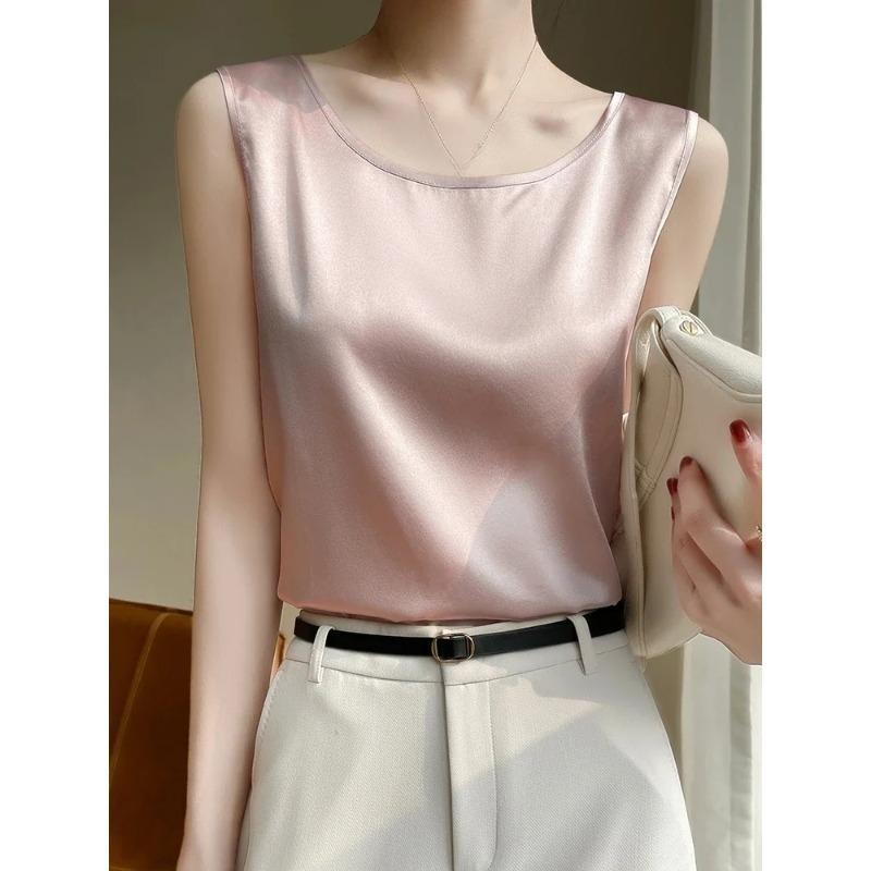 Summer Silk Camis Women's T Shirts Sleeveless Vest Satin Tank Tops Office Elegant Fashion O Neck Champagne BlouseTop Women