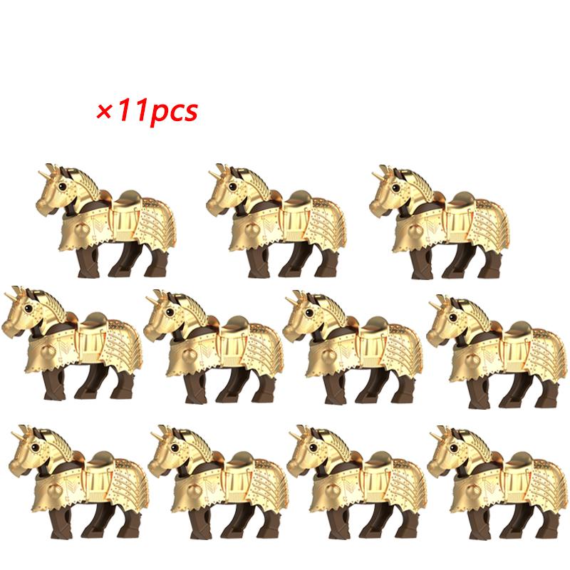 11pcs Medieval Gothic War Horse Building Blocks Silver/Gold/Iron/Armored Horses Battle Steed DIY Bricks Toys