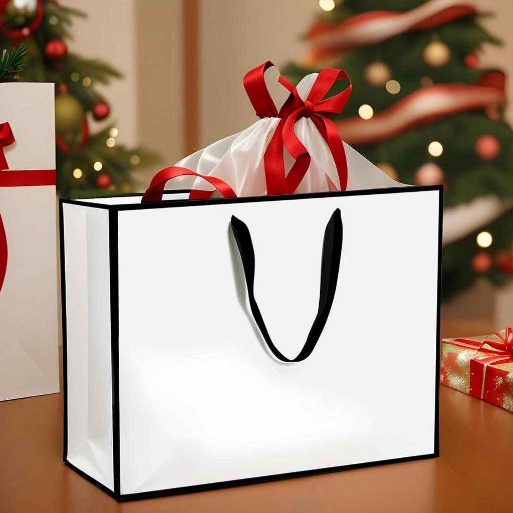 10 szt. Białych i Czarnych Torebek Prezentowych, 35x25x11cm Duże Torby Prezentowe z Uchwytami, Papier Kraft Zakupowe Torby do Pakowania Prezentów na Ślub