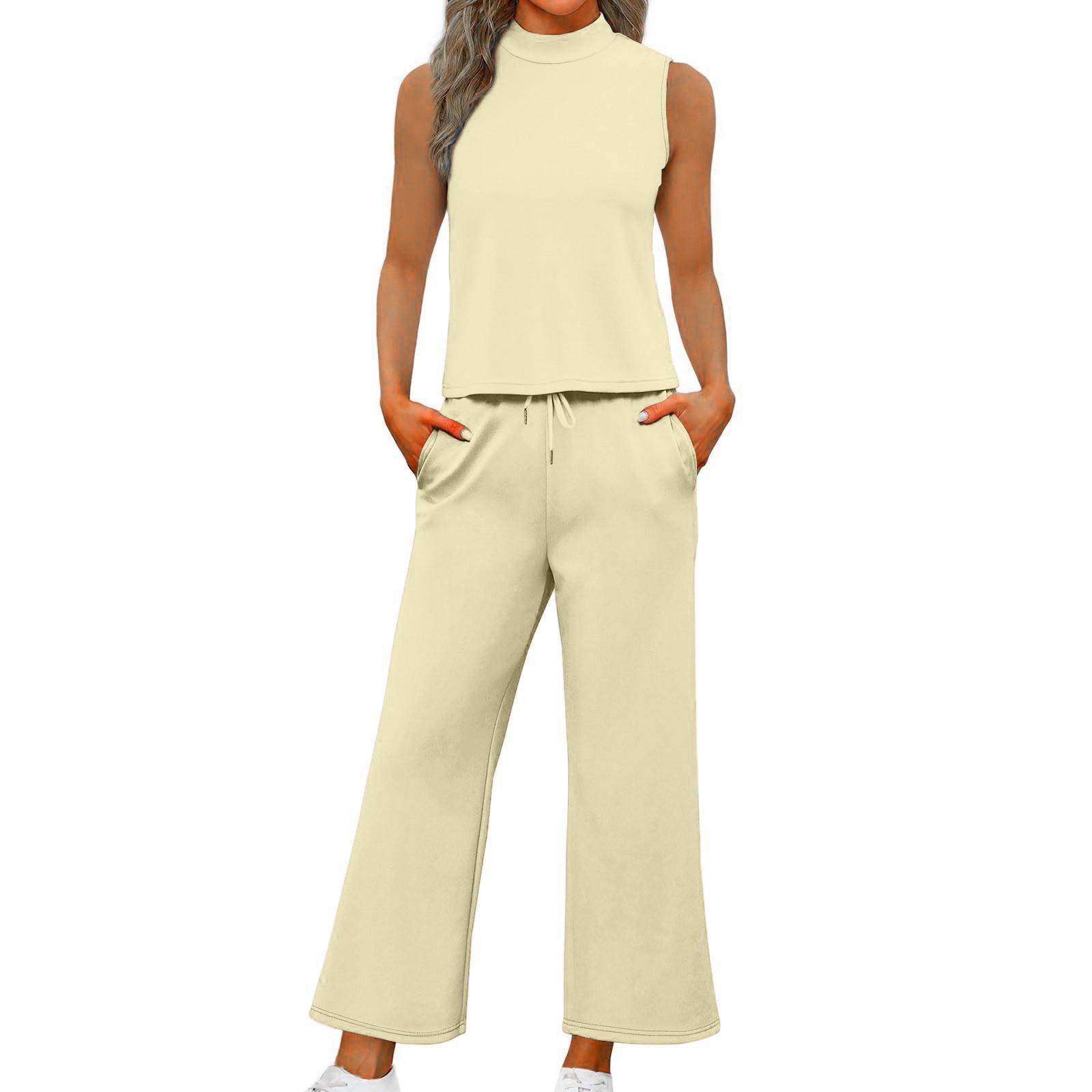 

Жіночий повсякденний модний комплект без рукавів з широкими штанинами та високою горловиною M бежевий